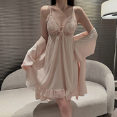 吊带睡裙女性感带胸垫冰丝性感蕾丝睡衣家居服两件套装 法式 春夏季