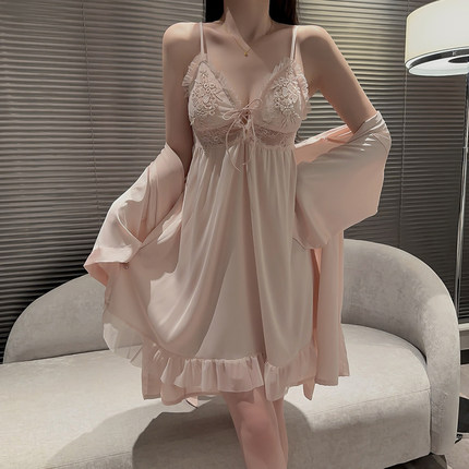 法式春夏季吊带睡裙女性感带胸垫冰丝性感蕾丝睡衣家居服两件套装