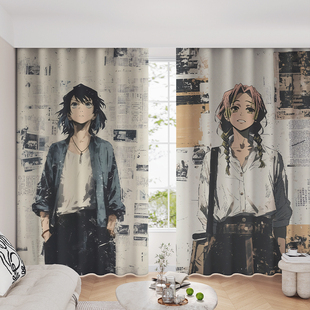 日系二次元 卧室儿童学生宿舍全遮光隔热防晒背景 窗帘卡通动漫新款