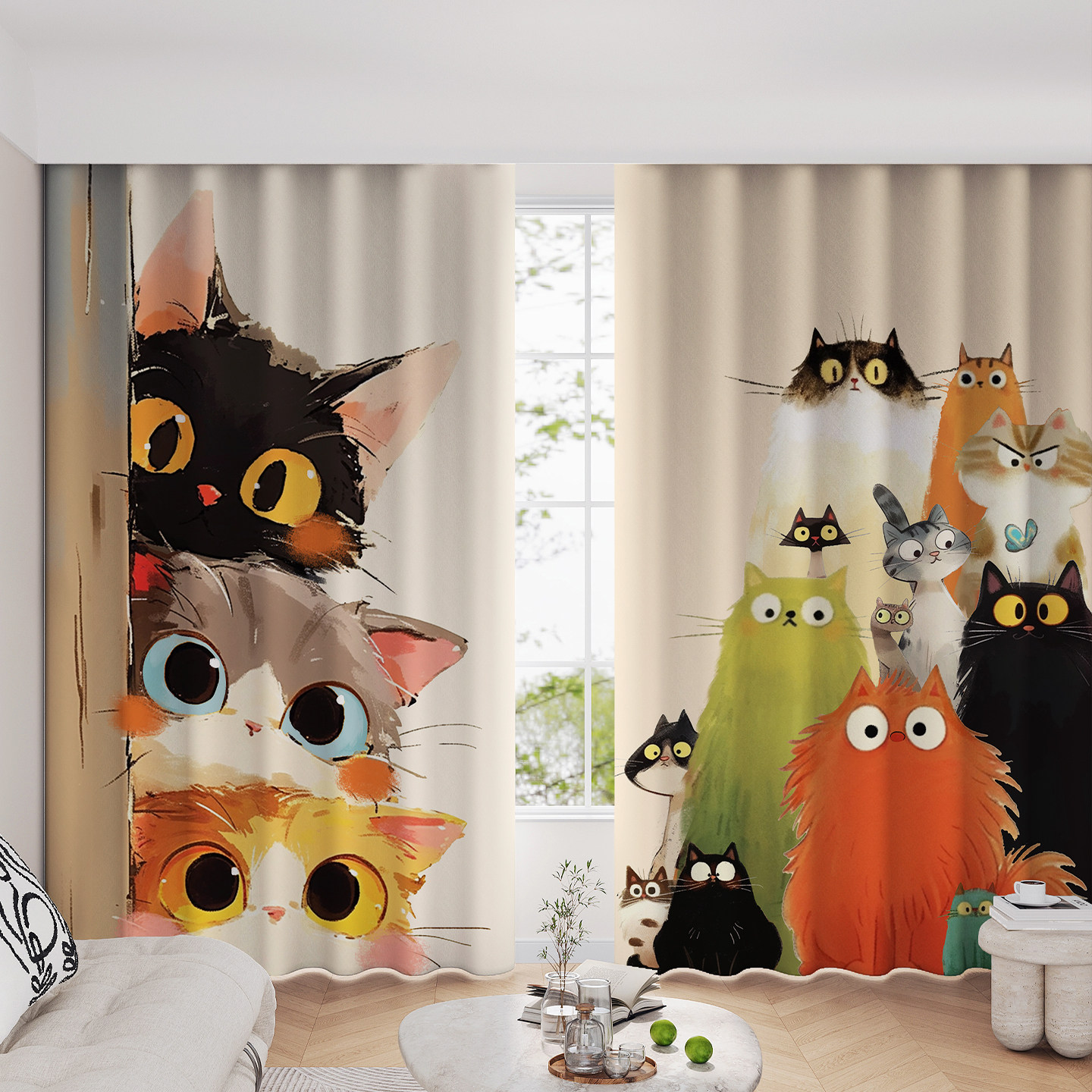 卧室窗帘遮光2025新款卡通猫咪客厅防晒全遮光挂钩阳台飘窗布遮阳,居家布艺,定制窗帘,淘宝优惠券,粉丝福利购,淘宝优惠卷