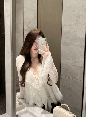 JustQin【利兹娇女】2025新款系带拼接狐狸毛针织毛衣女外套