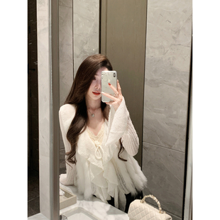 JustQin【利兹娇女】2025新款系带拼接狐狸毛针织毛衣女外套