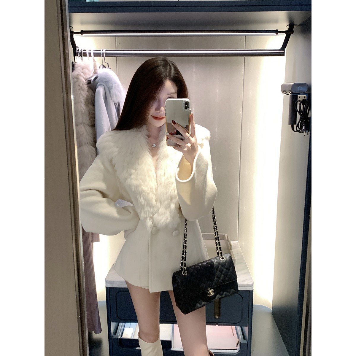 JustQin【千山暮雪】2025秋冬新狐狸毛领大衣双面呢中长款女外套