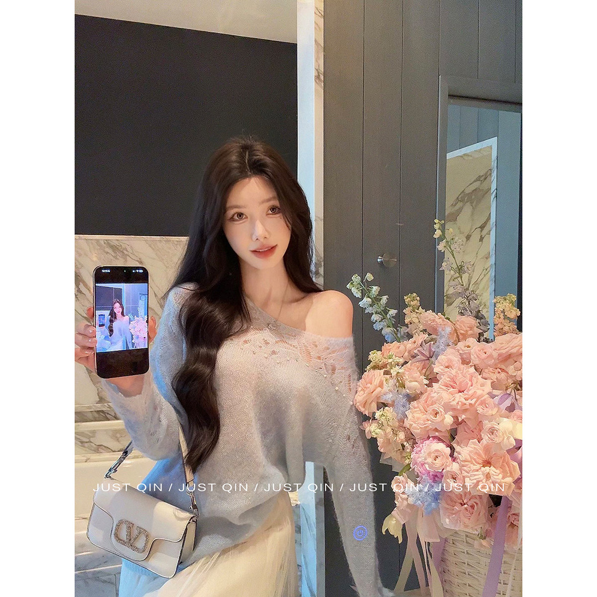 JustQin【庄生晓梦】显瘦斜肩马海毛针织衫肩镂空套头羊毛衣女秋