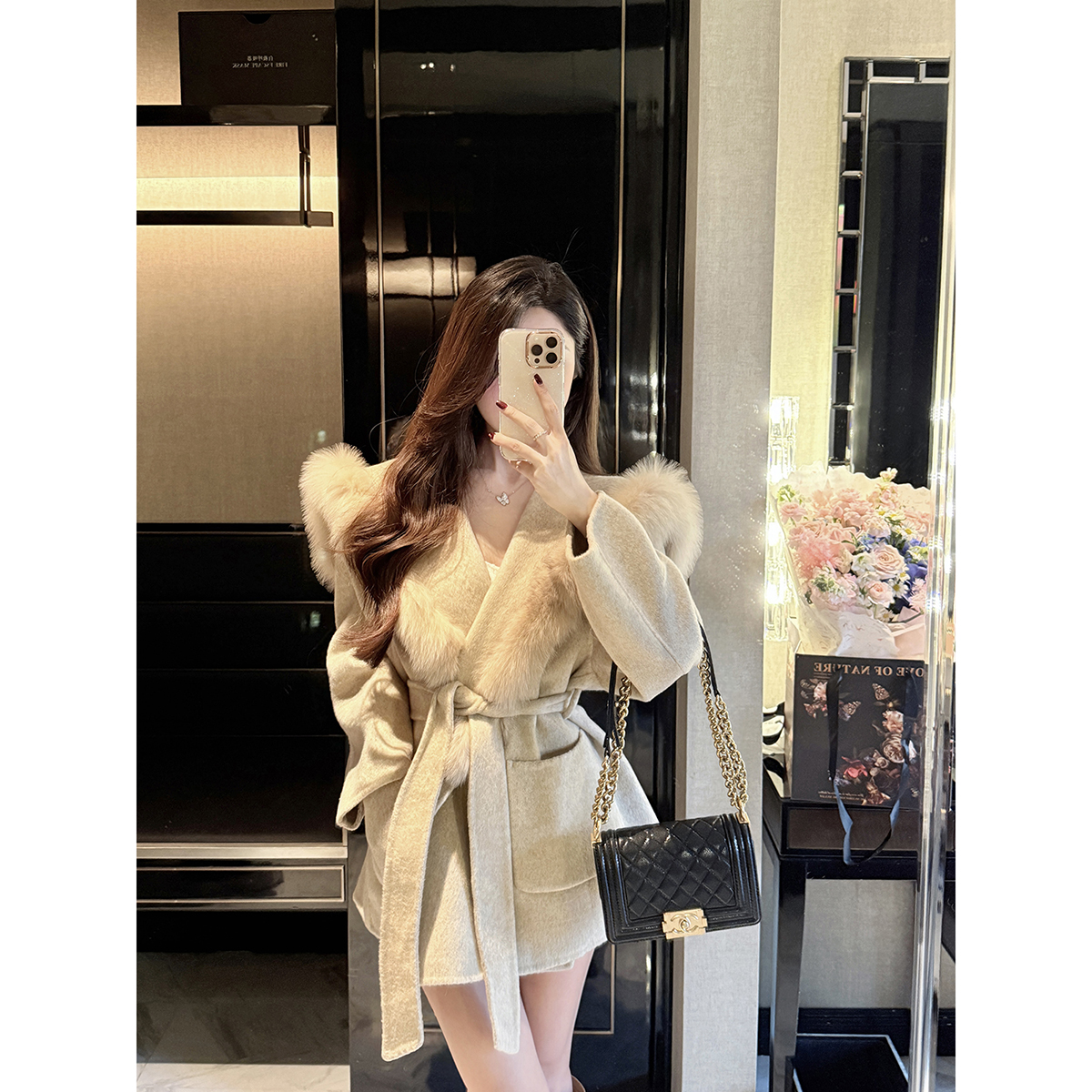 JustQin【月光舒曼】2025新款冬装狐狸大毛领双面呢大衣女外套