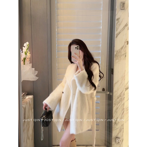JustQin【雪融牛乳】收腰翻领中长款毛呢外套女秋冬拉绒呢子大衣