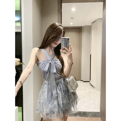 JustQin【悸动少女】2025新款挂脖上衣高腰半裙两件套装短裙女夏