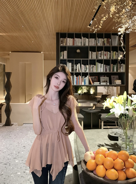 JustQin【干枯玫瑰】2026新款春装花边收腰上衣显瘦气质雪纺衫女