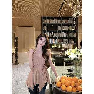 JustQin【干枯玫瑰】2026新款春装花边收腰上衣显瘦气质雪纺衫女