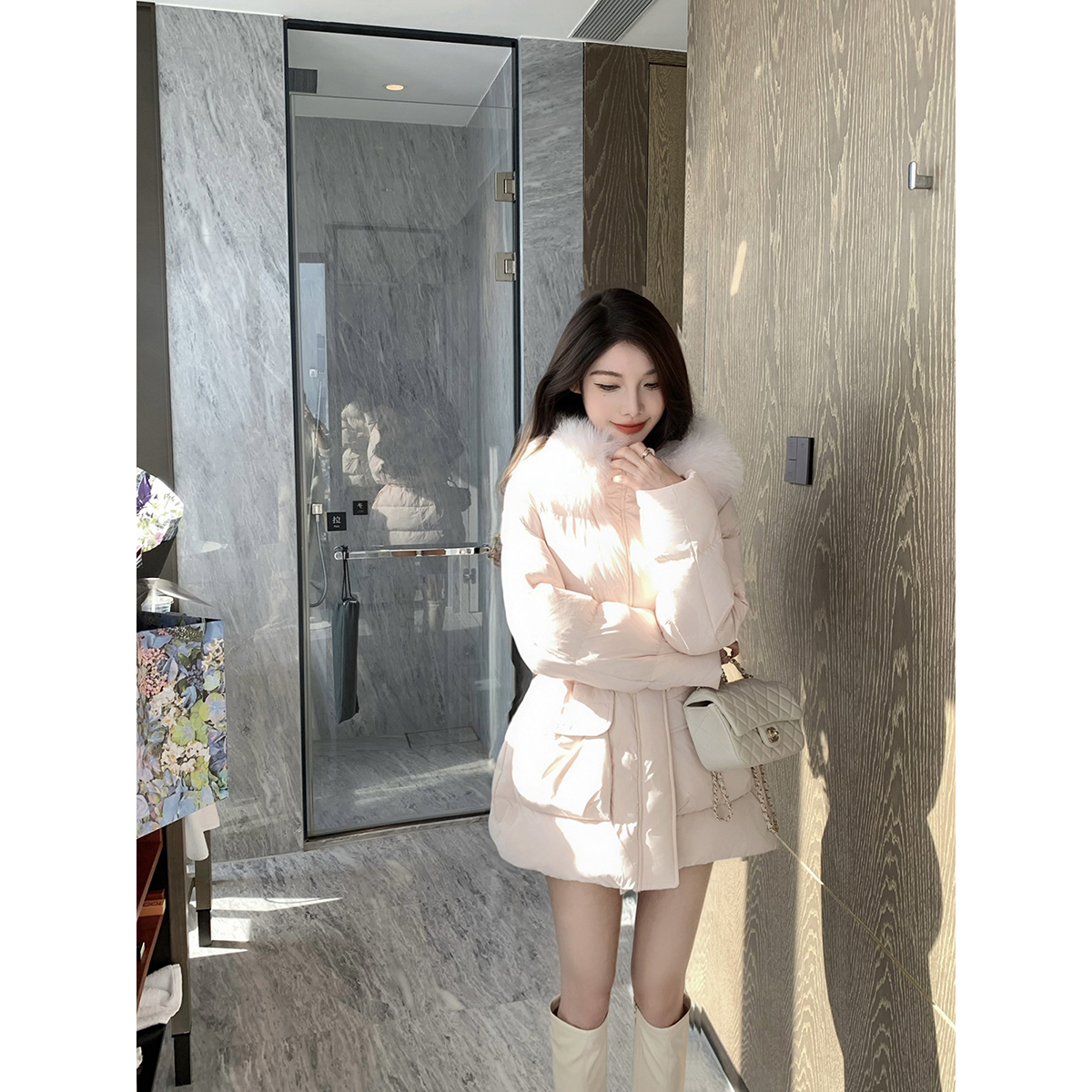 JustQin 11/28【收腰小暖包】90白鸭绒狐狸大毛领羽绒服女中长款