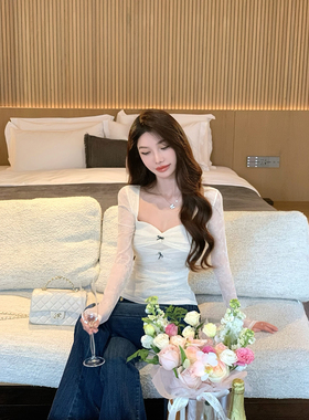 JustQin【少女心事】2026新款春装性感蕾丝上衣显瘦收腰小衫女