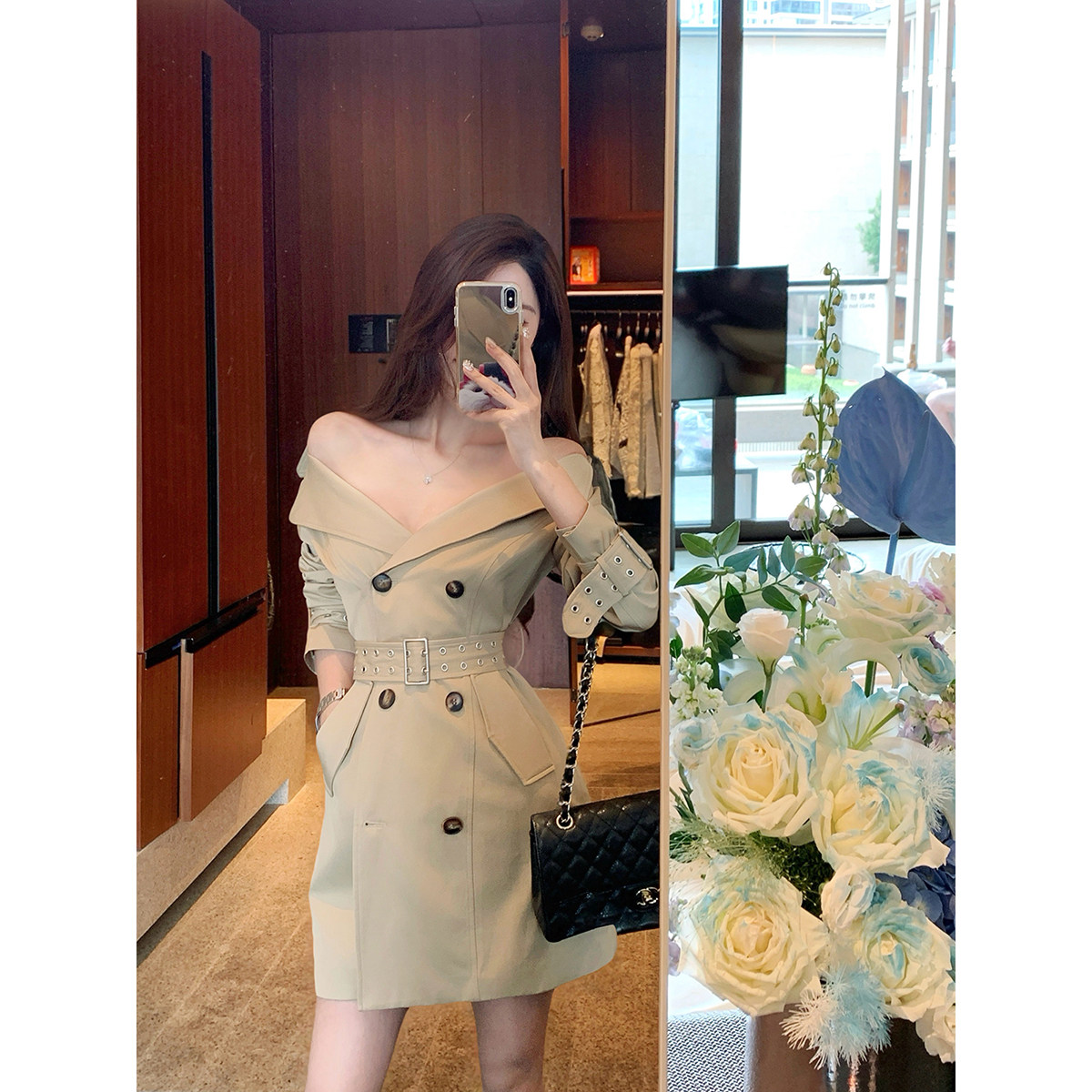 JustQin【英伦风情】2025新款秋装收腰露肩上衣中长款风衣女外套,女装/女士精品,风衣,淘宝优惠券,粉丝福利购,淘宝优惠卷