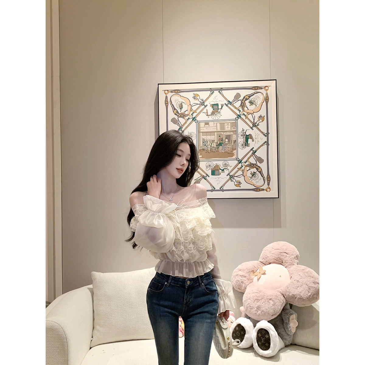 JustQin【花蕾假日】2026新款夏装性感一字肩上衣显瘦小衫雪纺衫