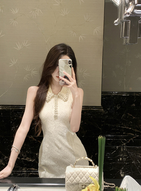 JustQin【星夜私语】2025新款夏装重工珍珠短裙无袖收腰连衣裙女