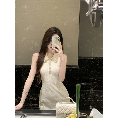 JustQin【星夜私语】2025新款夏装重工珍珠短裙无袖收腰连衣裙女