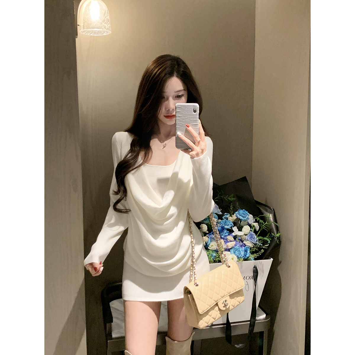 JustQin【纯欲combo】秋冬假两件荡领羊毛针织连衣裙性感短裙女