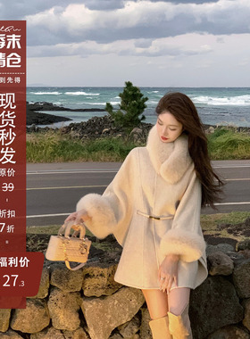 JustQin【冰岛恋人】秋冬新款du家色真狐狸毛双面呢斗篷式大衣女