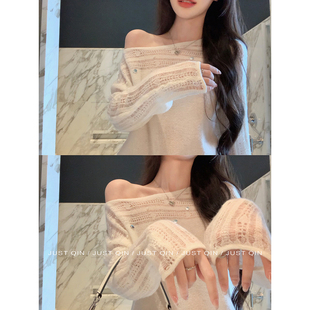 JustQin【月光美人】气质显瘦斜肩镂空套头羊毛针织衫上衣女秋季