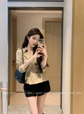 JustQin【智性欧尼】2026新款卡其色收腰显瘦短款风衣外套夹克女