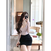 雾蕾悸动 2025新款 冬装 JustQin 性感打底蕾丝上衣V领长袖 T恤女