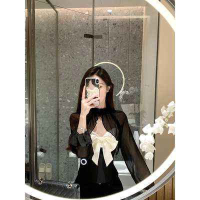 JustQin【黑纱蝶梦】2026新款春装蝴蝶结吊带性感上衣千金小衫