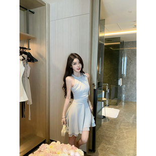 JustQin【水蓝梦境】2026新款夏装收腰裙雪纺短裙性感连衣裙女