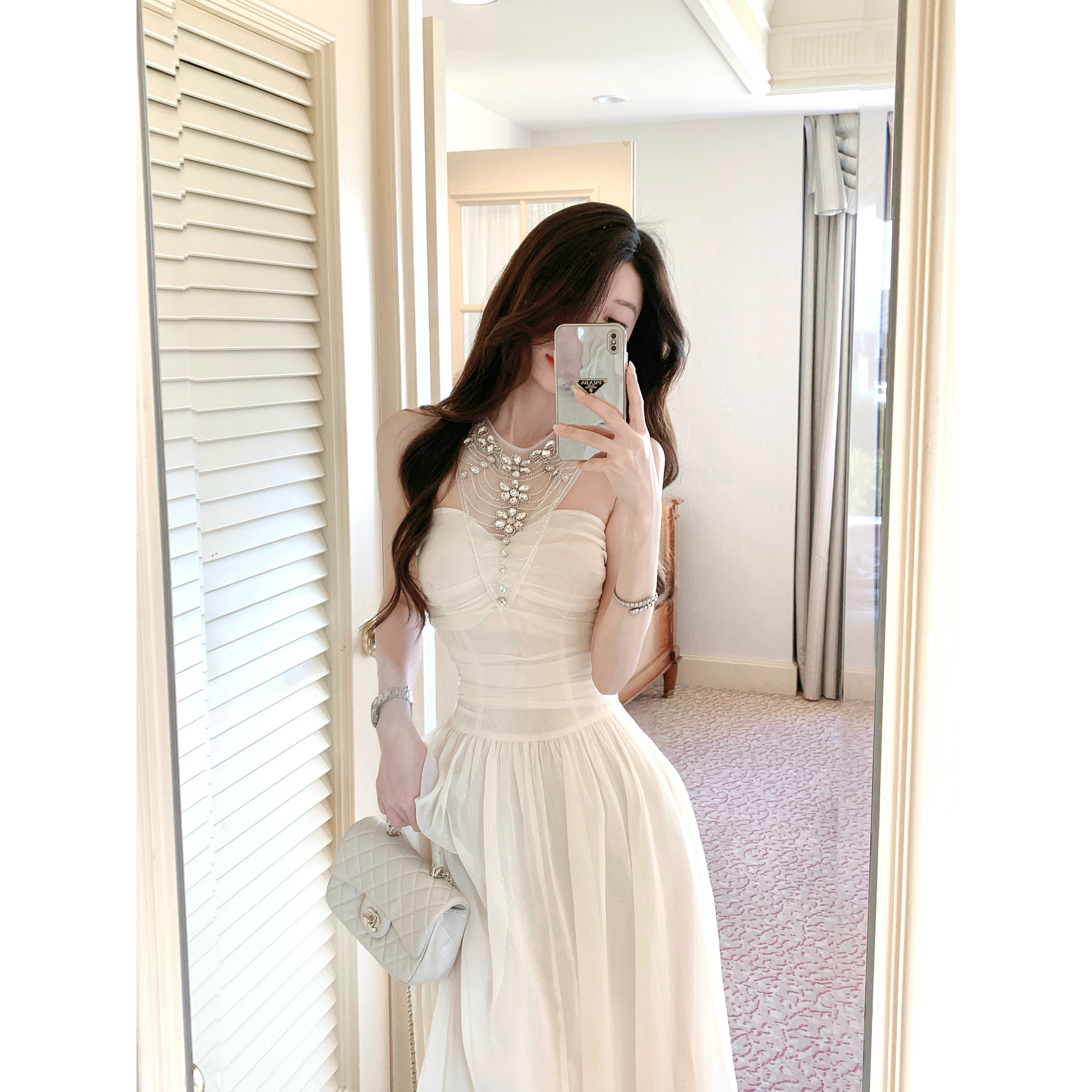 JustQin【星河碎梦】2025新款夏装星河长裙镶钻性感收腰连衣裙女
