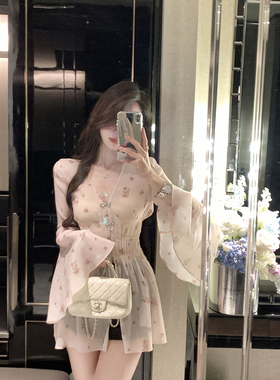 JustQin【纱木梦境】2025新款夏装小衫收腰上衣碎花雪纺衫衬衫女