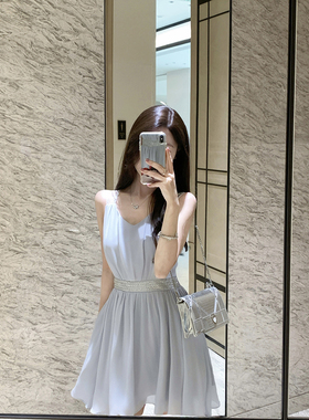 JustQin【蓝色岛屿】2025新款夏装收腰短裙气质雪纺裙连衣裙女