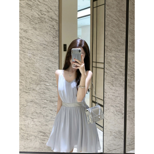 JustQin【蓝色岛屿】2025新款夏装收腰短裙气质雪纺裙连衣裙女