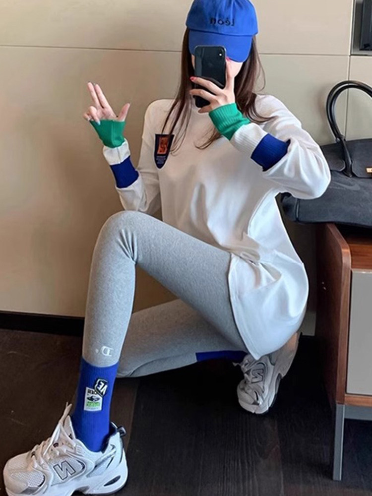 欧货2025春秋新款白色T恤女长袖中长款宽松拼接设计感内搭打底衫