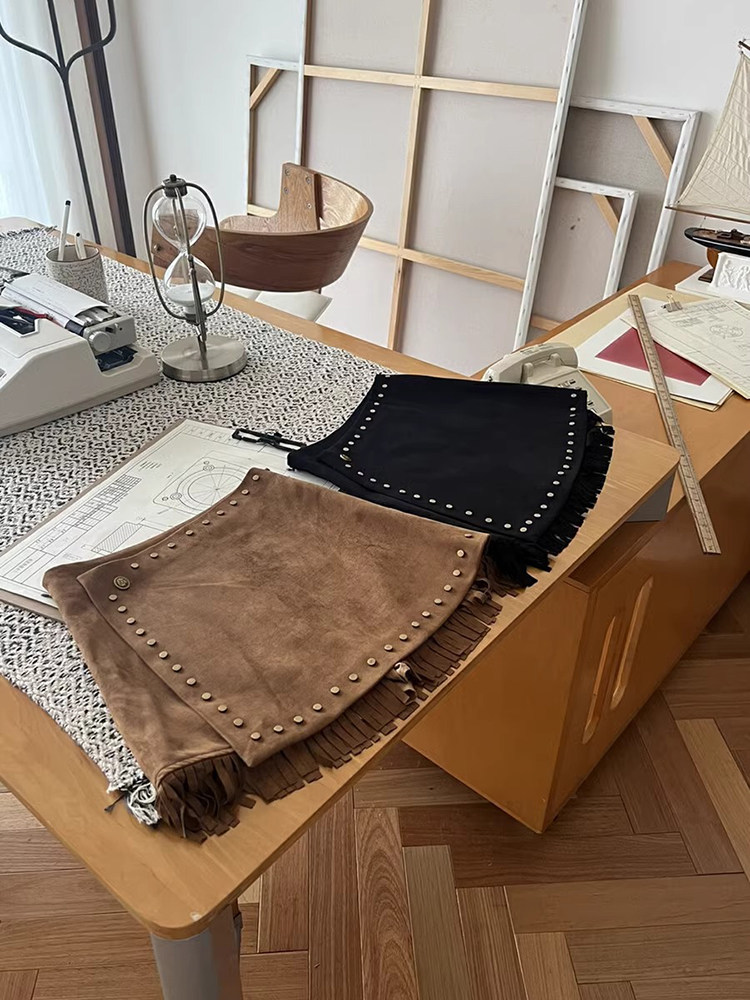 2025春秋季新款鹿皮裙女士高腰流苏覆古重工铆钉短裙修身a字裙,女装/女士精品,半身裙,淘宝优惠券,粉丝福利购,淘宝优惠卷