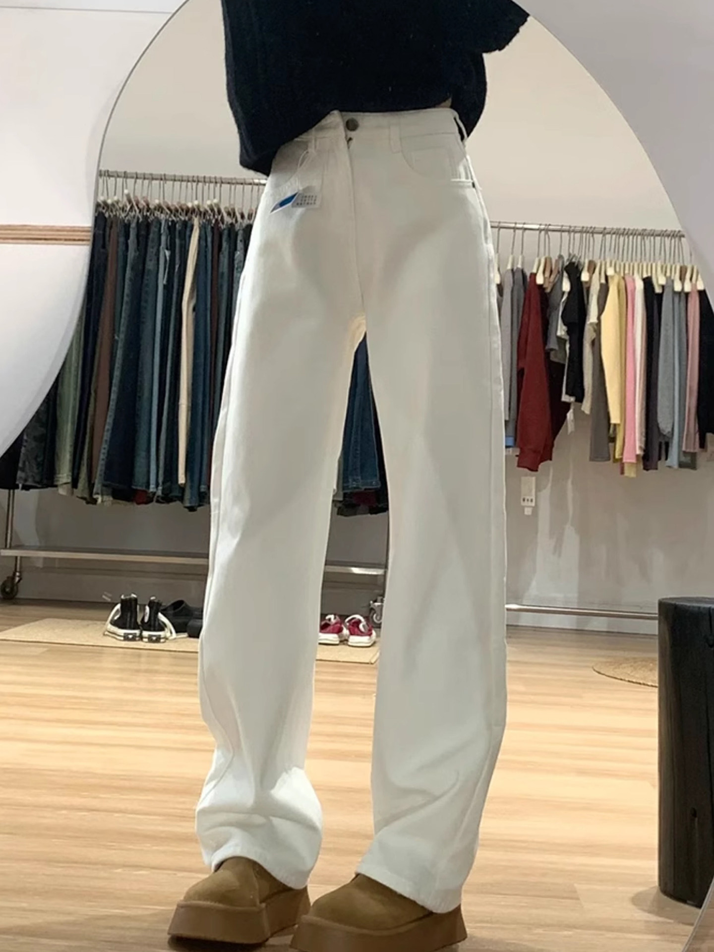 2025春秋新款白色牛仔裤女高腰宽松直筒垂感显瘦小个子窄版阔腿裤