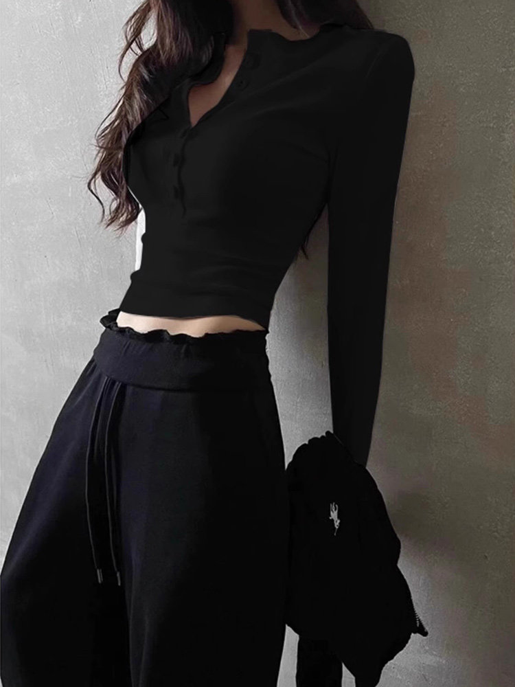 2025春秋新款正肩长袖T恤女高腰短款紧身性感小心机V领内搭打底衫