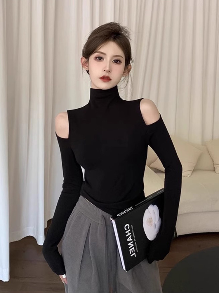 2025春秋新款半高领针织衫女紧身显瘦镂空性感露肩高领打底衫上衣