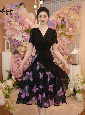 黑色蝴蝶裙子2025新款今年流行爆款夏季短袖V领连衣裙OHDRI04127
