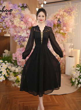 黑色长袖连衣裙女2025早秋新款收腰显瘦中长款气质裙子OHDRI08031