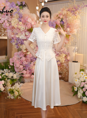 正式场合端庄连衣裙女2025年夏季蕾丝勾花V领短袖裙子OHDRI07042