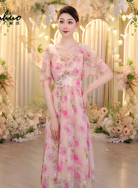 法式碎花连衣裙女气质泡泡袖粉色雪纺裙子OHDRH04185+OHDRH04191