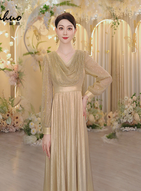 法式荡领妈妈装连衣裙女加厚长袖礼服奢华大牌高端裙子OHDRH08121