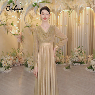 法式荡领妈妈装连衣裙女加厚长袖礼服奢华大牌高端裙子OHDRH08121