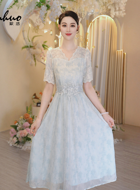 蓝色设计感收腰连衣裙女2025夏季超好看独特漂亮裙子OHDRI06126