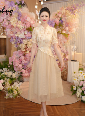 新中式不规则蕾丝拼接连衣裙女2025夏季短袖收腰裙子OHDRI07041