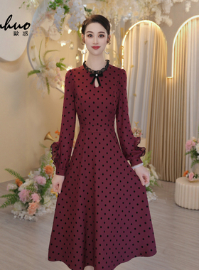 红色复古波点长袖连衣裙女2025新款秋季订婚服气质裙子OHDRI09003