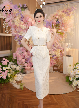 韩系穿搭小香风束腰型连衣裙女2025夏季蕾丝勾花裙子OHDRI06158