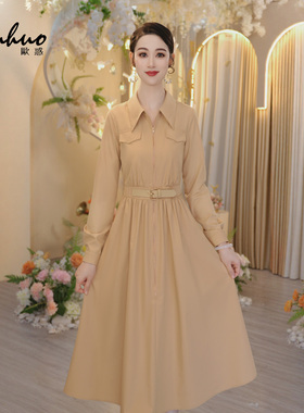 尖领收腰长袖连衣裙女2025秋季简单大方高级感穿搭裙子OHDRI08026