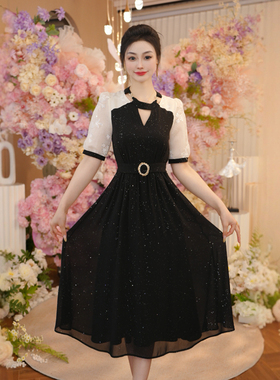 法式拼接赫本风短袖连衣裙女夏季2025新款收腰气质裙子OHDRI04103