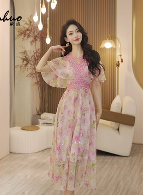 法式粉色刺绣碎花雪纺连衣裙女装2025新款夏季气质裙子OHDRI03052