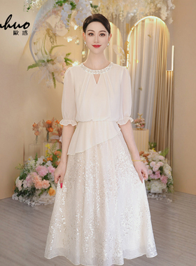 2025夏季新款假两件亮片连衣裙女白色收腰气质短袖裙子OHDRI04043