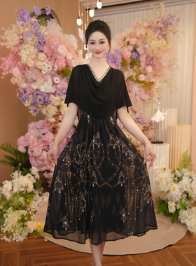 黑色荡领连衣裙女夏季2025新款长裙今年流行的漂亮裙子OHDRI05085